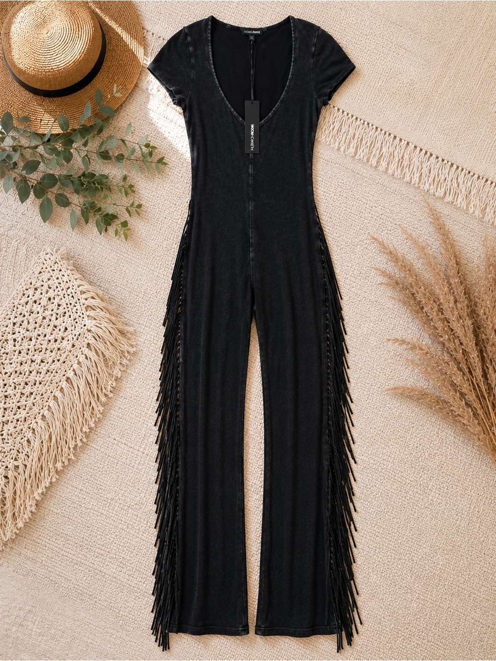 Fashion Nova Black Short-Sleeve Fringe Jumpsuit